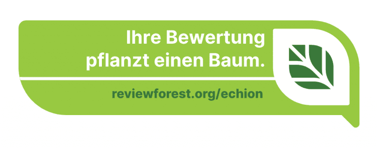 Abzeichen vom Kooperationspartner Reviewforest in grün mit dem Text "Ihre Bewertung pflanzt einen Baum"