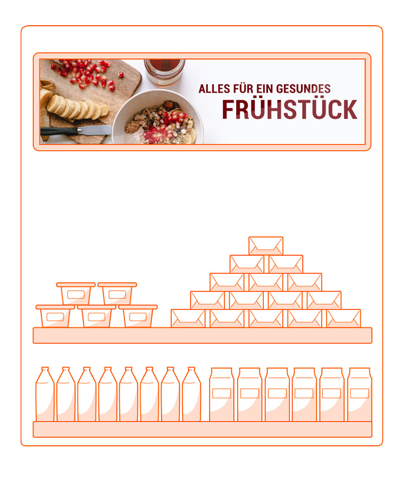 Grafik von Regalen mit verschiedenen Produkten, darüber ein Screen im Querformat